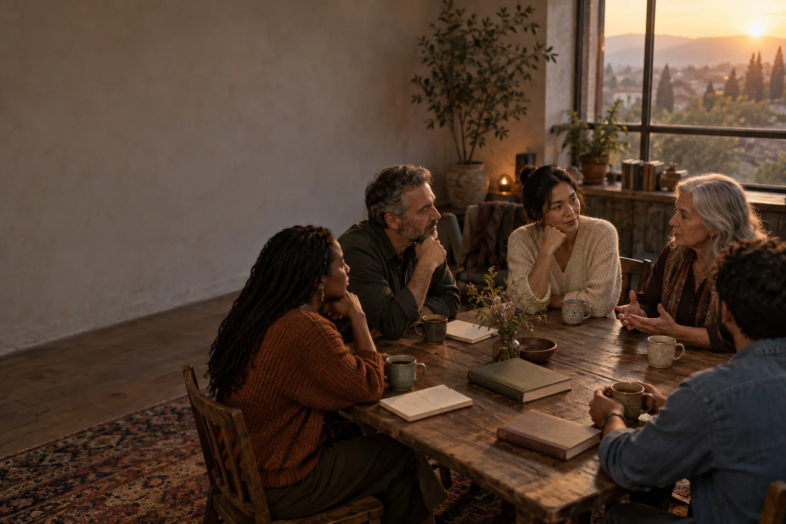 People sharing an unhurried conversation around a table